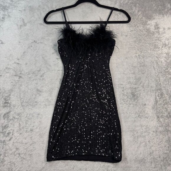 Sequins Mini Dress Black Feather Trim Glam Party Coquette Party Y2K Stretch Sz S - Picture 4 of 12